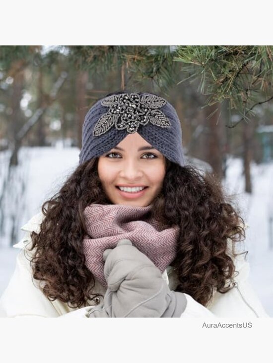 Knitted Warm Headband with Rhinestone Diamonds - Soft Elastic Hair Strap for main image 4